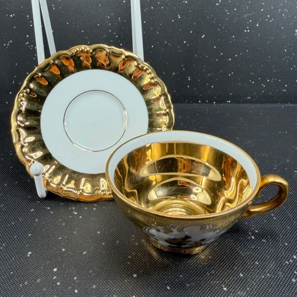 Bareuther Waldsassen Bavaria Gold Courting Couple Demitasse Cup Saucer Set VTG
